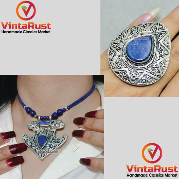 Handmade Lapis Lazuli Necklace with Silver Blue Stone Ring - Picture 1 of 3